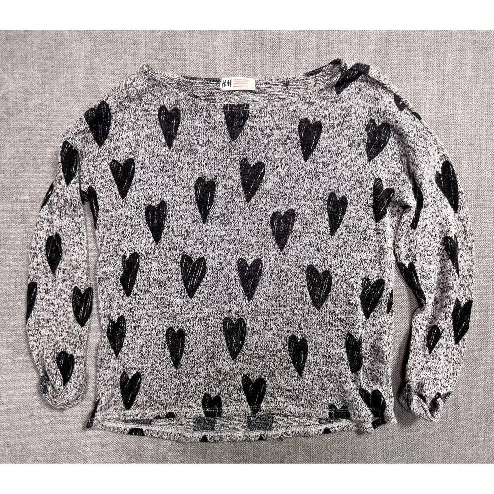 HM Girls Sweater 10-12Y Marled Gray Black Hearts Print Pullover Knit Long Sleeve